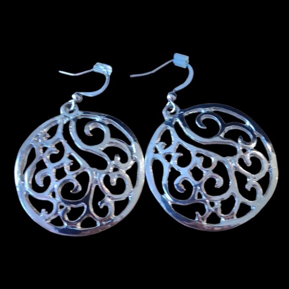Scroll Cut Out Circle Weave Sterling Silver Earrings - Picture 3 of 6